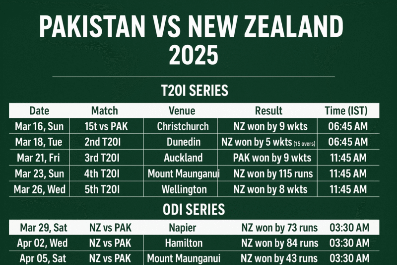 Pakistan National Cricket Team vs New Zealand National Cricket Team Timeline
