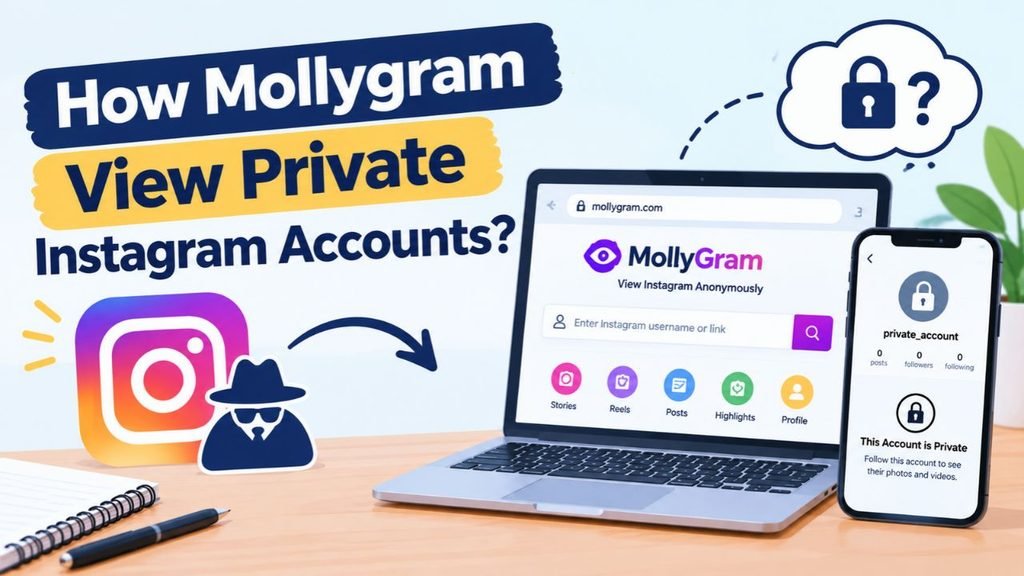 How MollyGram views private Instagram accounts, featuring a locked profile and an Instagram viewer interface.
